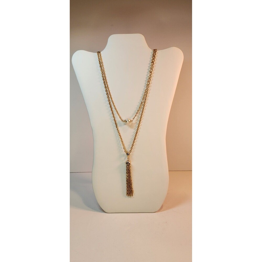 Vintage Sarah Coventry Gold Tone Tassel Pendant Pearl Layered Necklace 16.5"